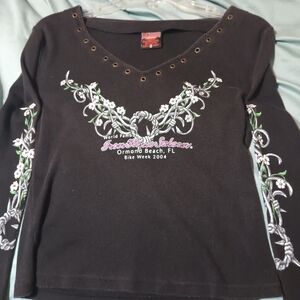 Iron Horse Saloon Black Long Sleeve Top with Floral Embroidery